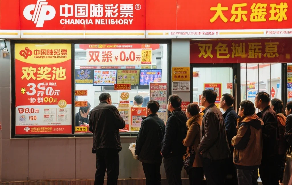 中国彩票售卖点前排队购买大乐透和双色球的彩票者,橱窗上贴有醒目的奖池信息