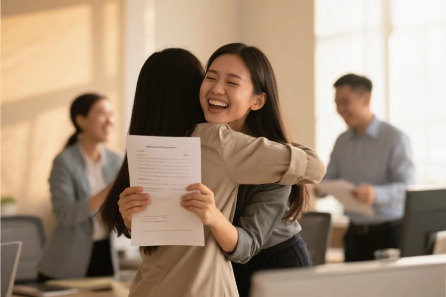 年轻女性在办公室收到录用通知，兴奋地与同事拥抱庆祝，背景温馨